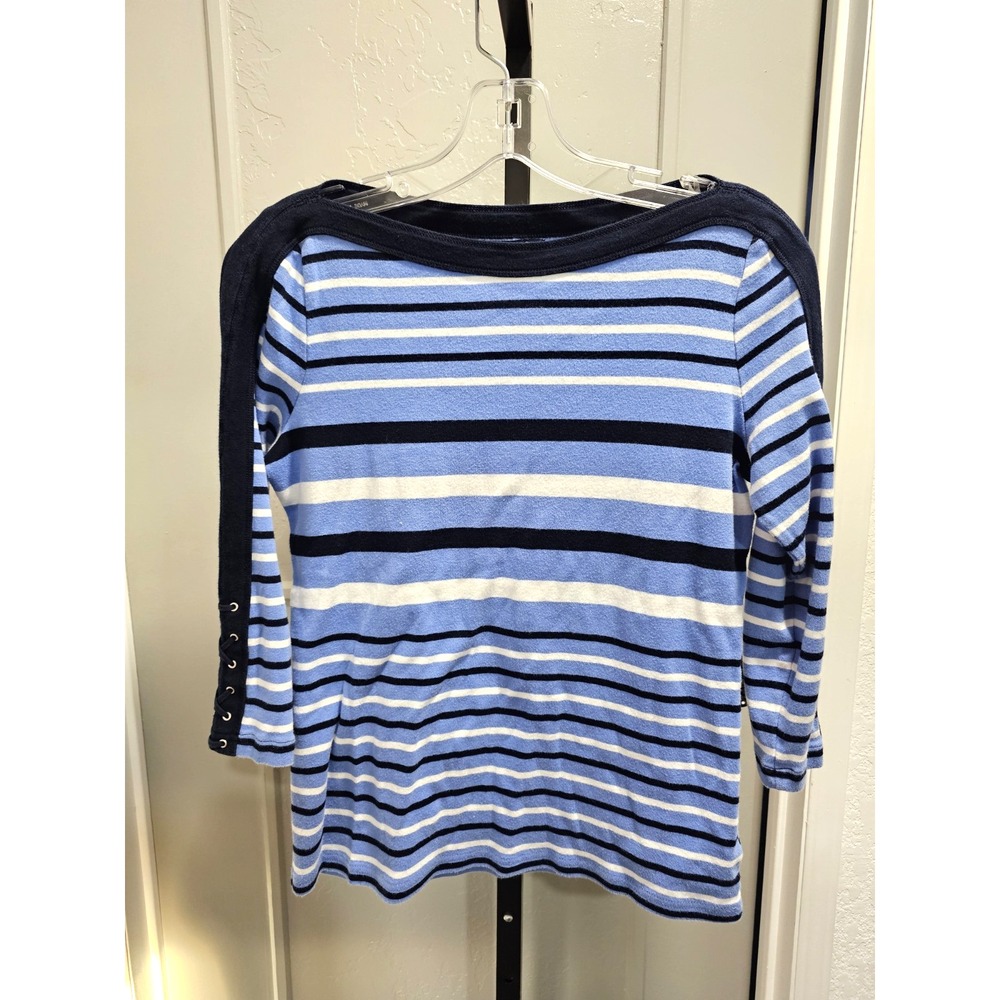 Chaps Women's M Blue White Black Striped Boat Neck Lace-Up 3/4 Sleeve Knit Top